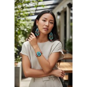 Boho Turquoise Blue Bead Gold Tone Cuff Bracelet and Chandelier Earring Set